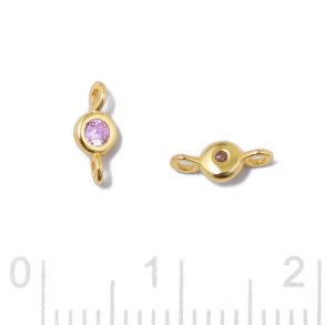 Zwischenglied mit rundem Zirkonia und 2 Ösen, rosa, Silber vergoldet, 7,5x3x2 mm, 2 Stck