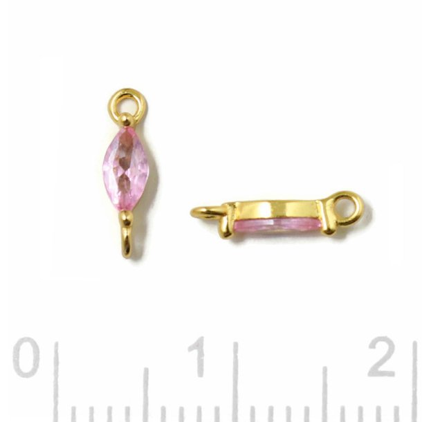 Small link, oval zirconia with 2 loops, pink, gold-plated silver, 9,5x2x2.5mm, 2pcs