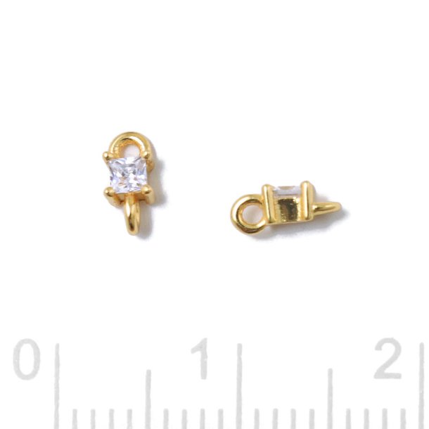 Small link, square shape zirconia with 2 loops, clear, gold-plated silver, 6x3x2.5mm, 2pcs