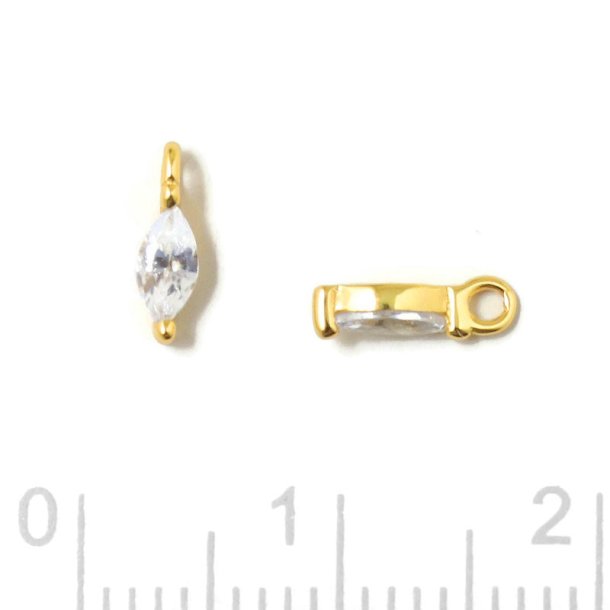 Pendant, oval zirconia with loop, clear, gold-plated silver, 7x2x2.5mm, 2pcs