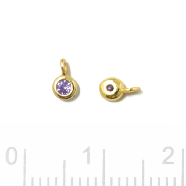 Pendant, round zirconia with loop, lilac, gold-plated silver, 5x3x2mm, 2pcs