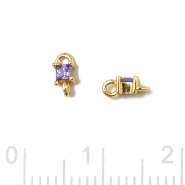 Small link, square shape zirconia with 2 loops, lilac, gold-plated silver, 6x3x2.5mm, 2pcs