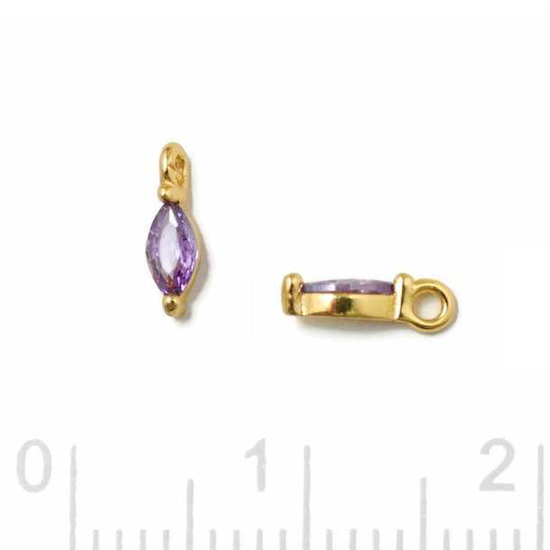Pendant, oval zirconia with loop, lilac, gold-plated silver, 7x2x2.5mm, 2pcs