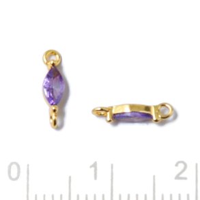 Small link, oval zirconia with 2 loops, Amethyst lilac, gold-plated silver, 9,5x2x2.5mm, 2pcs