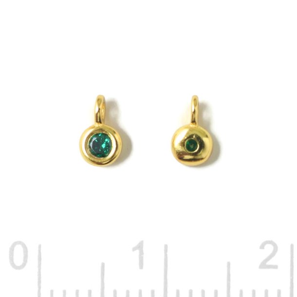 Pendant, round zirconia with loop, emerald green, gold-plated silver, 5x3x2mm, 2pcs
