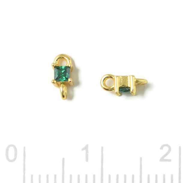 Small link, square shape zirconia with 2 loops, emerald green, gold-plated silver, 6x3x2.5mm, 2pcs