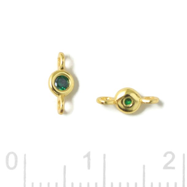 Link, round zirconia with 2 loops, emerald green, gold-plated silver, 7,5x3x2mm, 2pcs