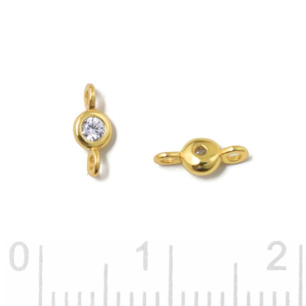 Link, round zirconia with 2 loops, clear, gold-plated silver, 7,5x3x2mm, 2pcs