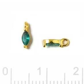Pendant, oval zirconia with loop, Emerald green, gold-plated silver, 7x2x2.5mm, 2pcs
