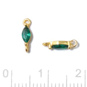 Small link, oval zirconia with 2 loops, emerald green, gold-plated silver, 9,5x2x2.5mm, 2pcs