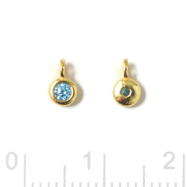 Pendant, round zirconia with loop, Topaz blue, gold-plated silver, 5x3x2mm, 2pcs