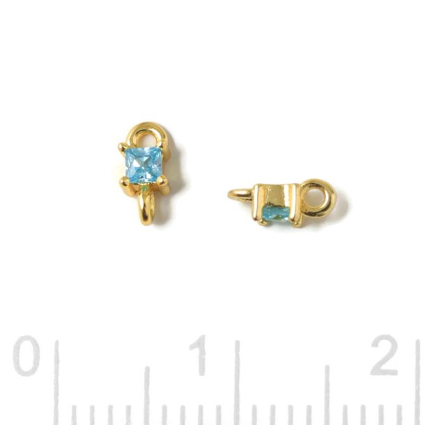 Small link, square shape zirconia with 2 loops, Topaz, gold-plated silver, 6x3x2.5mm, 2pcs