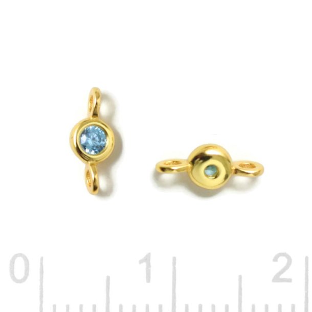 Link, round zirconia with 2 loops, topaz blue, gold-plated silver, 7,5x3x2mm, 2pcs