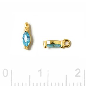 Pendant, oval zirconia with loop, Topaz blue, gold-plated silver, 7x2x2.5mm, 2pcs