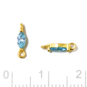 Small link, oval zirconia with 2 loops, Topaz blue, gold-plated silver, 9,5x2x2.5mm, 2pcs