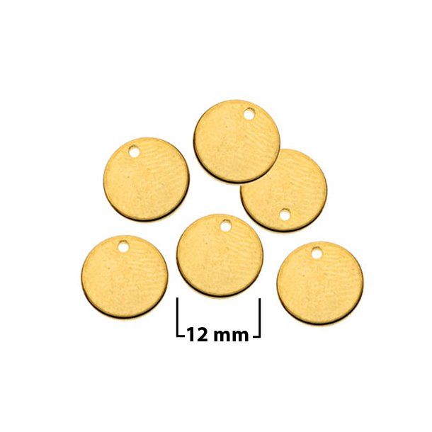 Gilded steel coin w. 1 hole at the edge, 12mm, 6pcs.