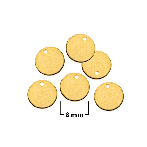Gilded steel coin w. 1 hole at the edge, 8mm, 6pcs.