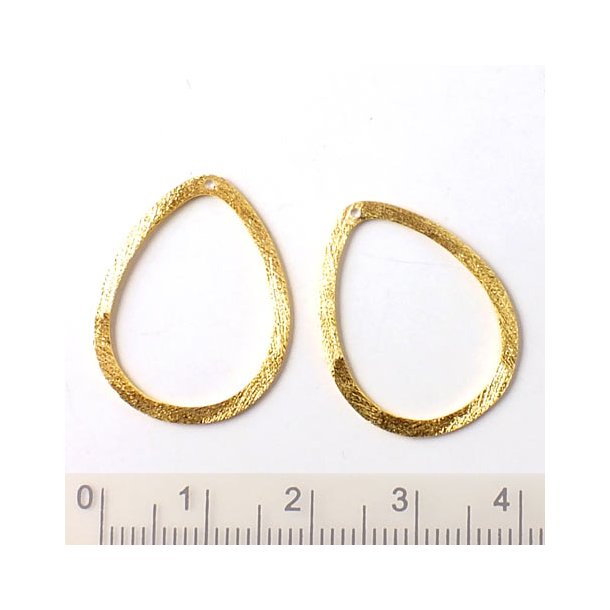 Gilded silver, flat teardrop-outline, brushed, 0.9mm hole at the top, 24x20mm, 2pcs