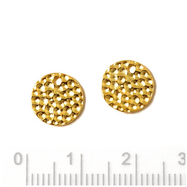 hammered coin with 1mm hole near edge, gold plated Silver, 10x1mm, 2pcs.
