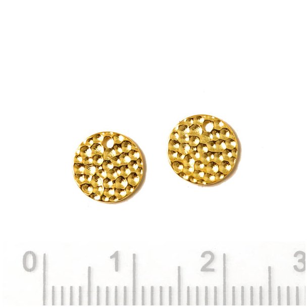 Hammered coin with 1mm hole near edge, gold plated Silver, 8x1mm 2pcs.