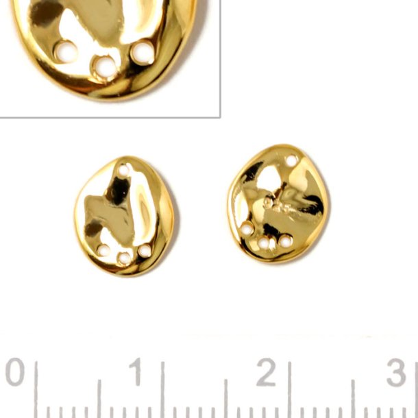Pendant, uneven surface with 4 holes, shiny, gold-plated silver, 2pcs