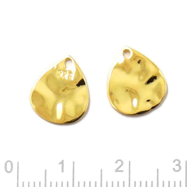 Pendant, uneven drop shape, flat, shiny, gold plated silver, 13x10mm, 2pcs