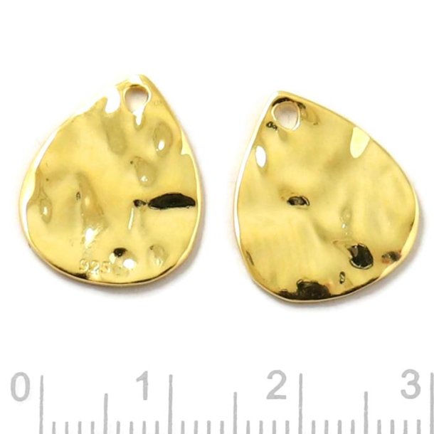 Pendant, uneven drop shape, flat, shiny, gold plated silver, 17x14mm, 2pcs