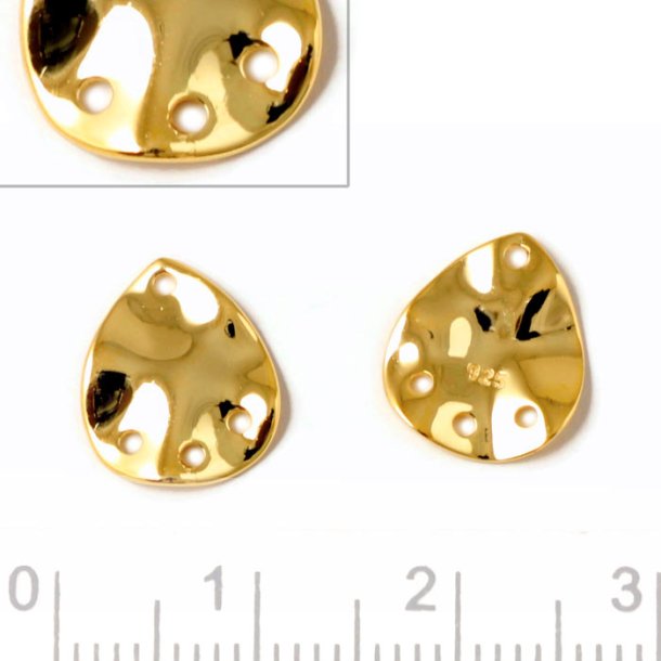 Pendant, uneven drop shape, 4 holes, shiny, gold plated silver, 13x10mm, 2pcs