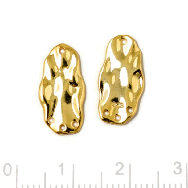 Pendant, uneven oval, 4 holes, gold-plated silver, 16x8x0,6 mm, 2 pcs