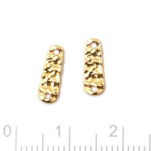 Link piece, hammered, oblong, with 2 holes, gold-plated silver, 11x4x1.2 mm, 2 pcs.
