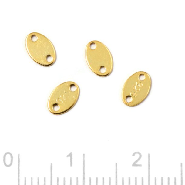 Plate or chain link with 2 holes, oblong, small, 6x4mm, gold-plated silver, 4pcs