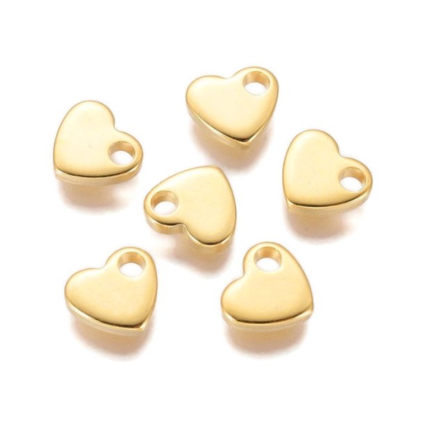 Heart pendant with hole, gilded steel, 6x7x1.5mm, hole size 1.6 mm, 6pcs