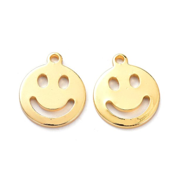 Smiley pendant with loop, durable gold-plated brass, 13x11x1 mm, 2 pcs
