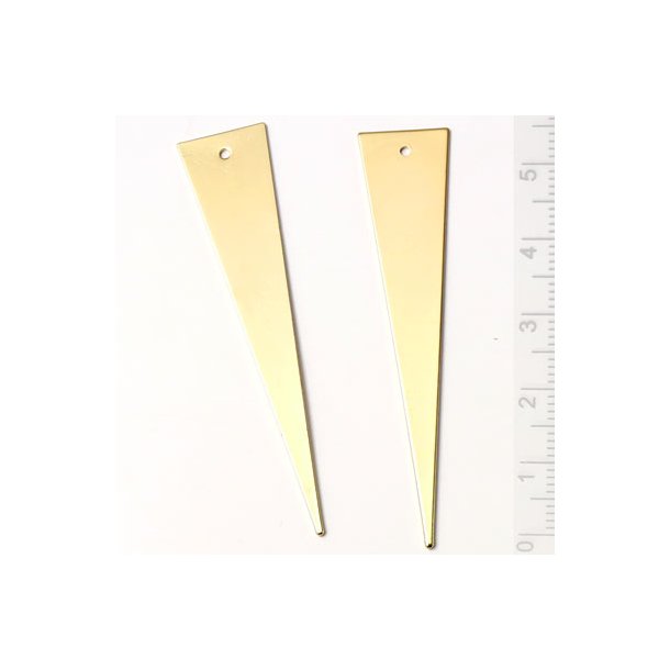 Gilded brass, long shiny triangle with hole, 60x13mm, 2pcs.
