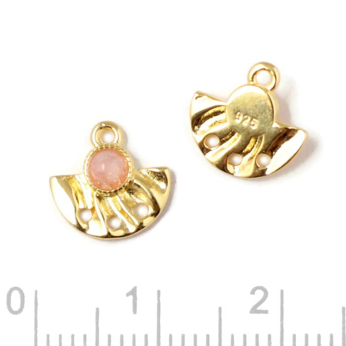 Mellemled, Vifte m. 3 Huller, Øje Og Pink Opal, Forgyldt Sølv, 10x10 mm. 2 Stk til Smykkefremstilling