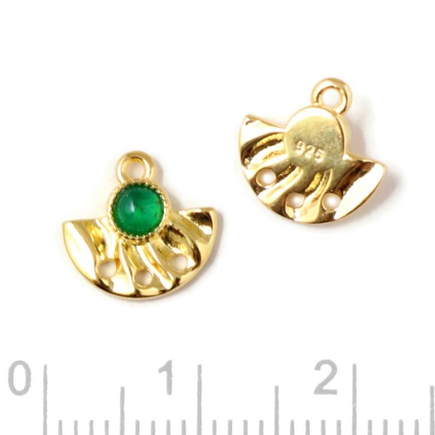 Link, fan with 3 holes, loop and green onyx, gold-plated silver, 10x10 mm. 2 pcs.