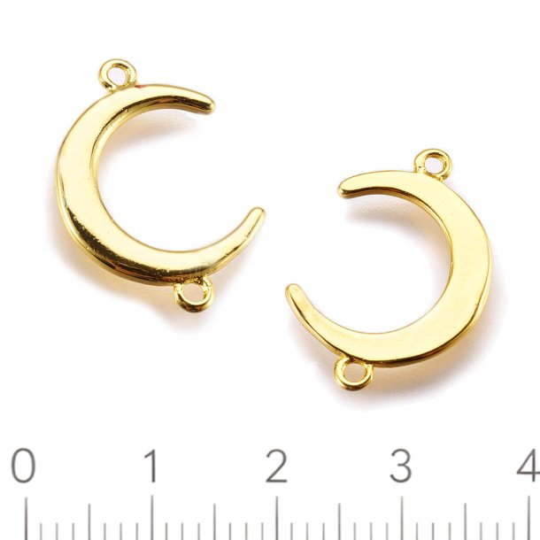 Moon shape link with 2 loops, shiny gilded brass, 19x13x1mm, 2pcs