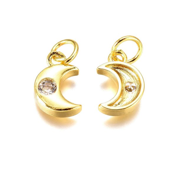 Crescent moon with zirconia and jumpring, gilded brass, 10x6,5x2mm, 2pcs