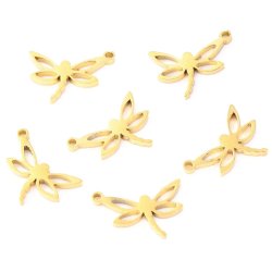 Dragonfly, small flat pendant, gold-plated steel, 12x8x1.1 mm, 2 pcs