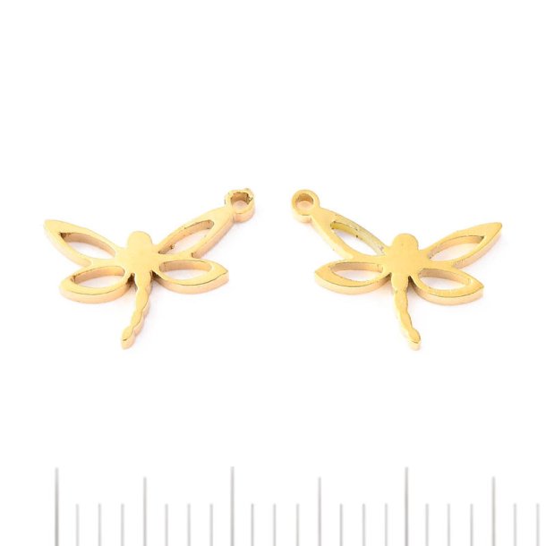 Dragonfly, small flat pendant, gold-plated steel, 12x8x1.1 mm, 2 pcs