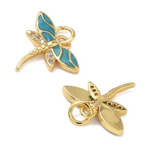 Dragonfly pendant with CZ and teal enamel, 18K gold-plated, 25x24.5 mm, 2 pcs
