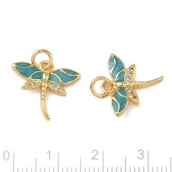 Dragonfly pendant with CZ and teal enamel, 18K gold-plated, 25x24.5 mm, 2 pcs