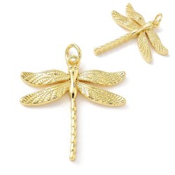 Dragonfly pendant with jumpring, 18K gold-plated brass, 25x24.5 mm, 2 pcs