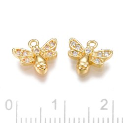 Honeybee with zirconia, pendant, 18K gold-plated brass, 8.5x9.5 mm, 2 pcs