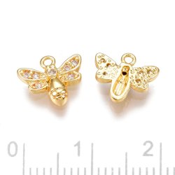 Honeybee with zirconia, pendant, 18K gold-plated brass, 8.5x9.5 mm, 2 pcs