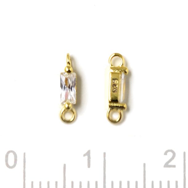 Small link with rectangular Zircon, and 2 loops, gold plated silver, 9x2x2.5mm, 2pcs