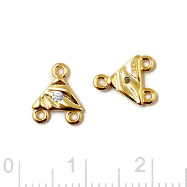 Triangular link with clear zirconia and 3 loops, gold-plated silver, 8x10mm, 2 pcs