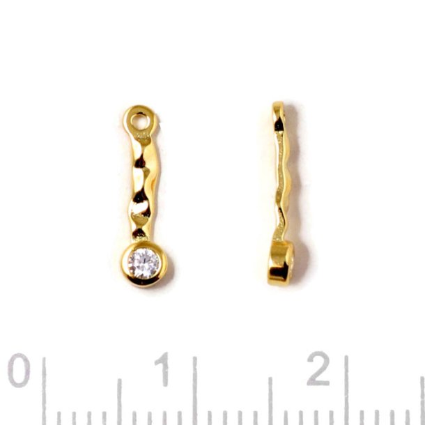 Pendant, uneven oblong with zirconia, with 1 hole, gold-plated silver, 12,5x3x1,5 mm, 2 pcs