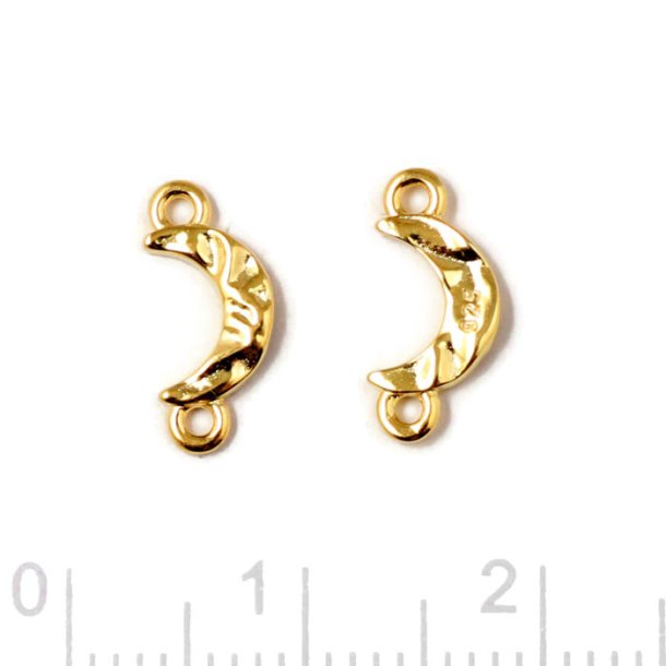 Link, crescent moon, uneven surface with two loops, gold-plated silver, 11x5 mm, 2 pcs