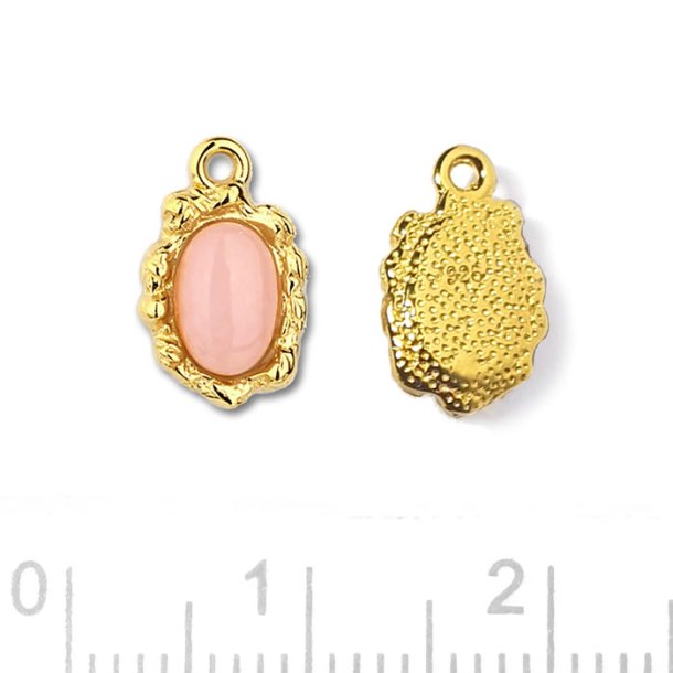 Charm, uneven socket with oval pink opal, gold plated silver, 11x7mm, 1 pc
